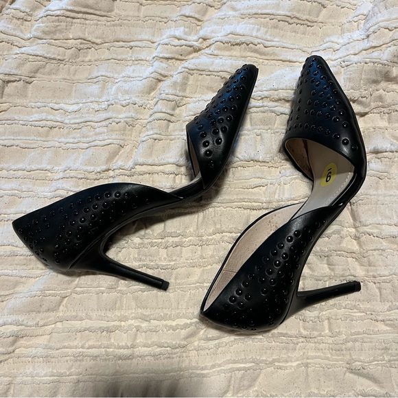 French Connection Black Vegan Leather Forever Studded Pointy Toe Pumps Heels - Picture 3 of 14